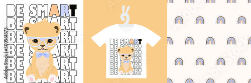 Baby Animal Prints and seamless pattern on T-shirts,  clothing, textile, children's products design. Drawn cute lion cub. Isolated vector illustration