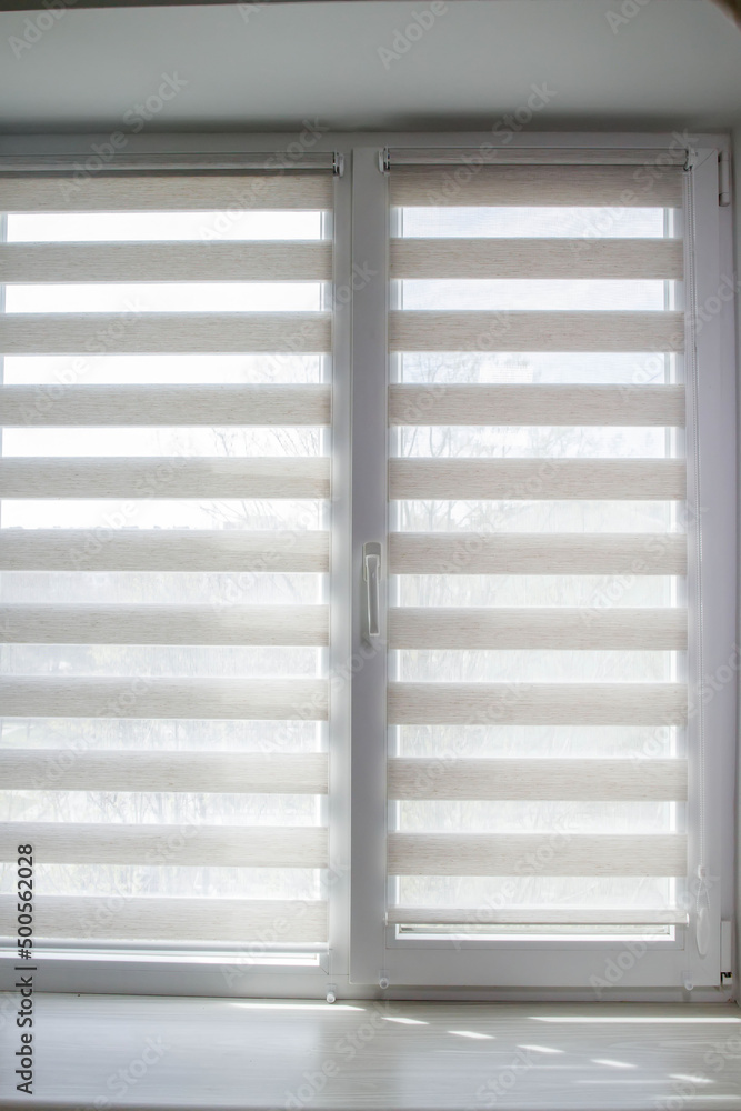 Window roller duo system day and night. Close up on roll curtains indoor.  Stock Photo | Adobe Stock