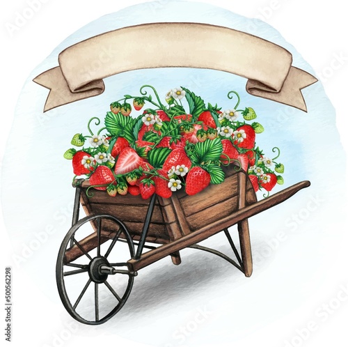 watercolor wooden wheelbarrow full of strawberries