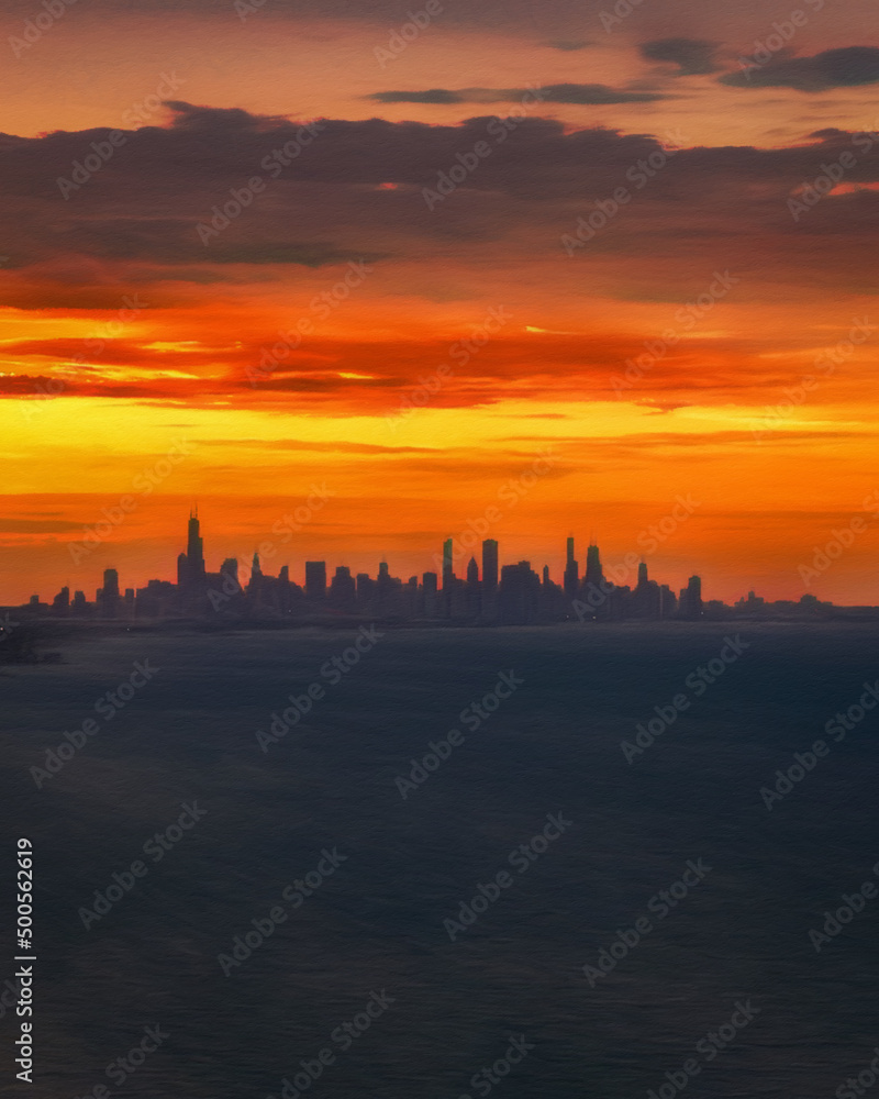 Fototapeta premium Chicago USA city center skyscrapers and architecture, America travel downtown, drawing in oil wall art print for canvas or paper poster, tourism production design real painting modern artistic artwork