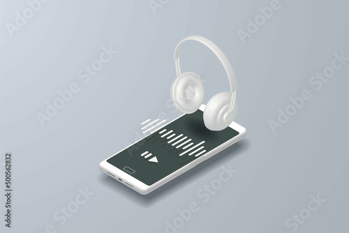 Online music streaming service application via smartphone with wireless headphones.