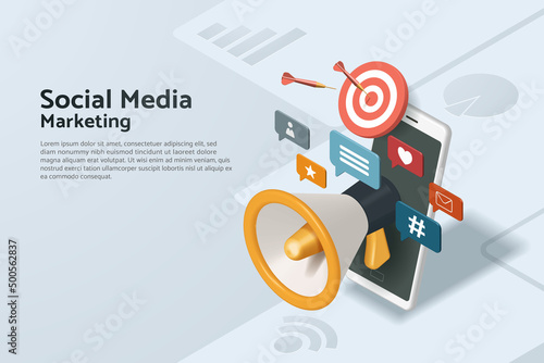 Social media marketing with megaphones and social media icons floating on mobile phone