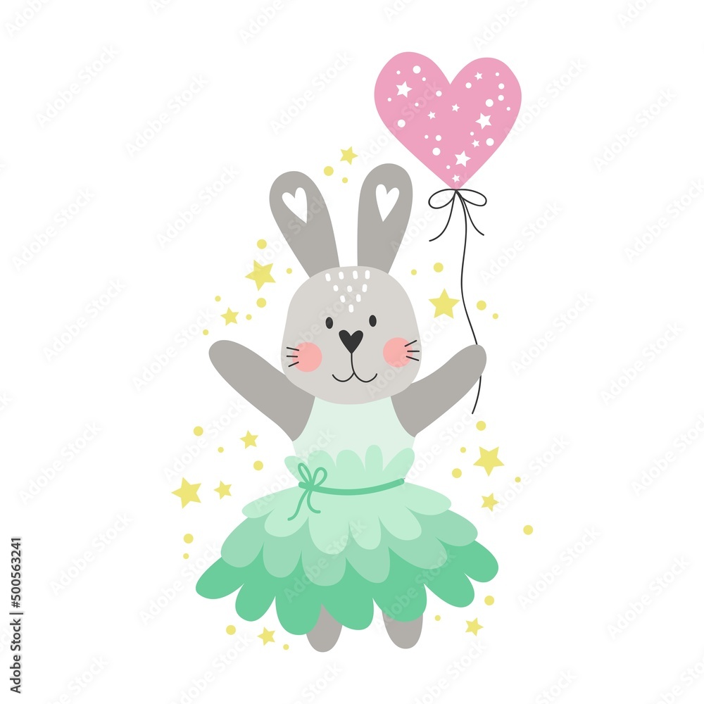 Cute vector illustration of a rabbit on a balloon. Design element.