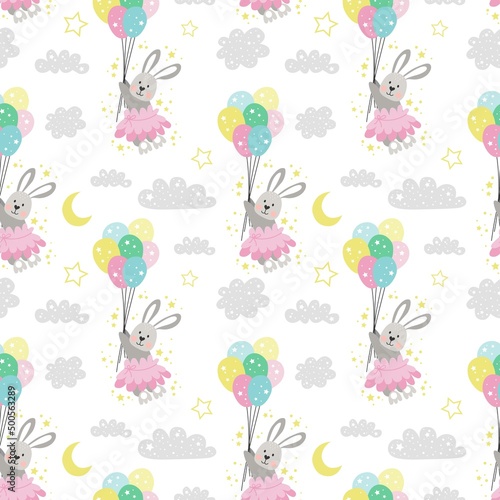 Vector seamless pattern bunny ballerina on balloons. Spring background.