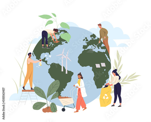 Eco-friendly people caring about Earth globe, saving planet, environmental protecting. Concept of ecology awareness and sustainable technology. Flat vector illustration isolated on white background.
