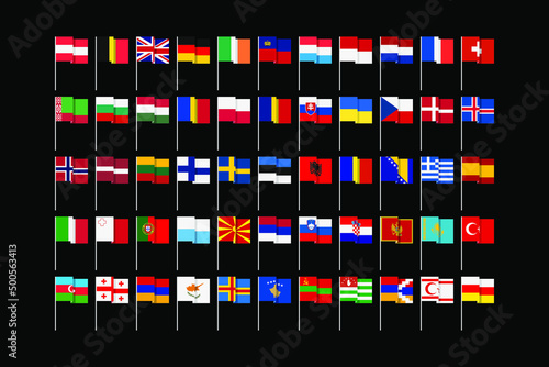 Flags of states and dependent territories of Europe. Unusual, toy, minimal graphic design.