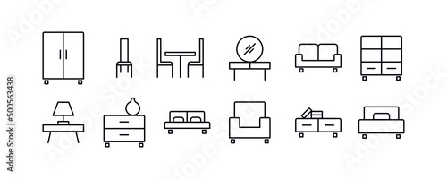 Home furniture linear icons set. Interior decor elements. Living room, bedroom, kitchen. Vector illustartion