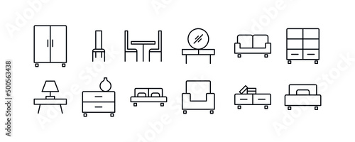 Home furniture linear icons set. Interior decor elements.  Living room, bedroom, kitchen. Vector illustartion