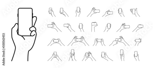 Hand holding mobile phone horizontally and vertically with blank screen illustration vector icons set line editable stroke. Outline style different gesture hands is touching smartphone display