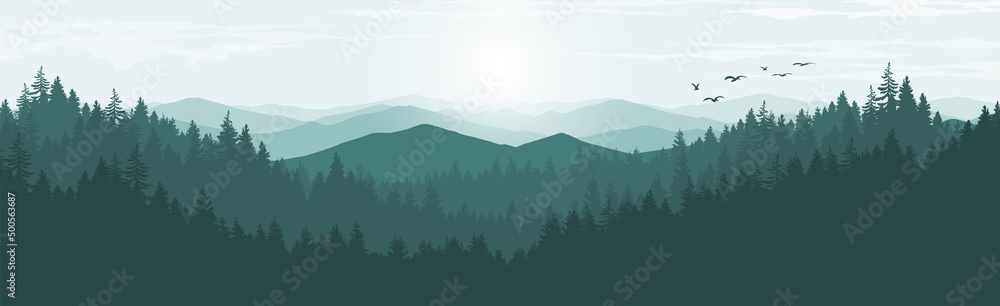 Landscape with mountains in the morning. Panorama of mountains and pine forest.