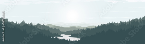 Vector landscape of mountains and lakes. Pine forest in the morning.