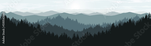 Foto Landscape in the morning. Panorama of mountains and pine forest.