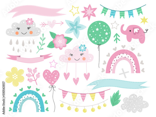 Spring set, hand drawn elements- flowers, birds, rainbow and other. Perfect for scrapbooking, greeting card, party invitation, poster, tag, sticker kit. Vector illustration.