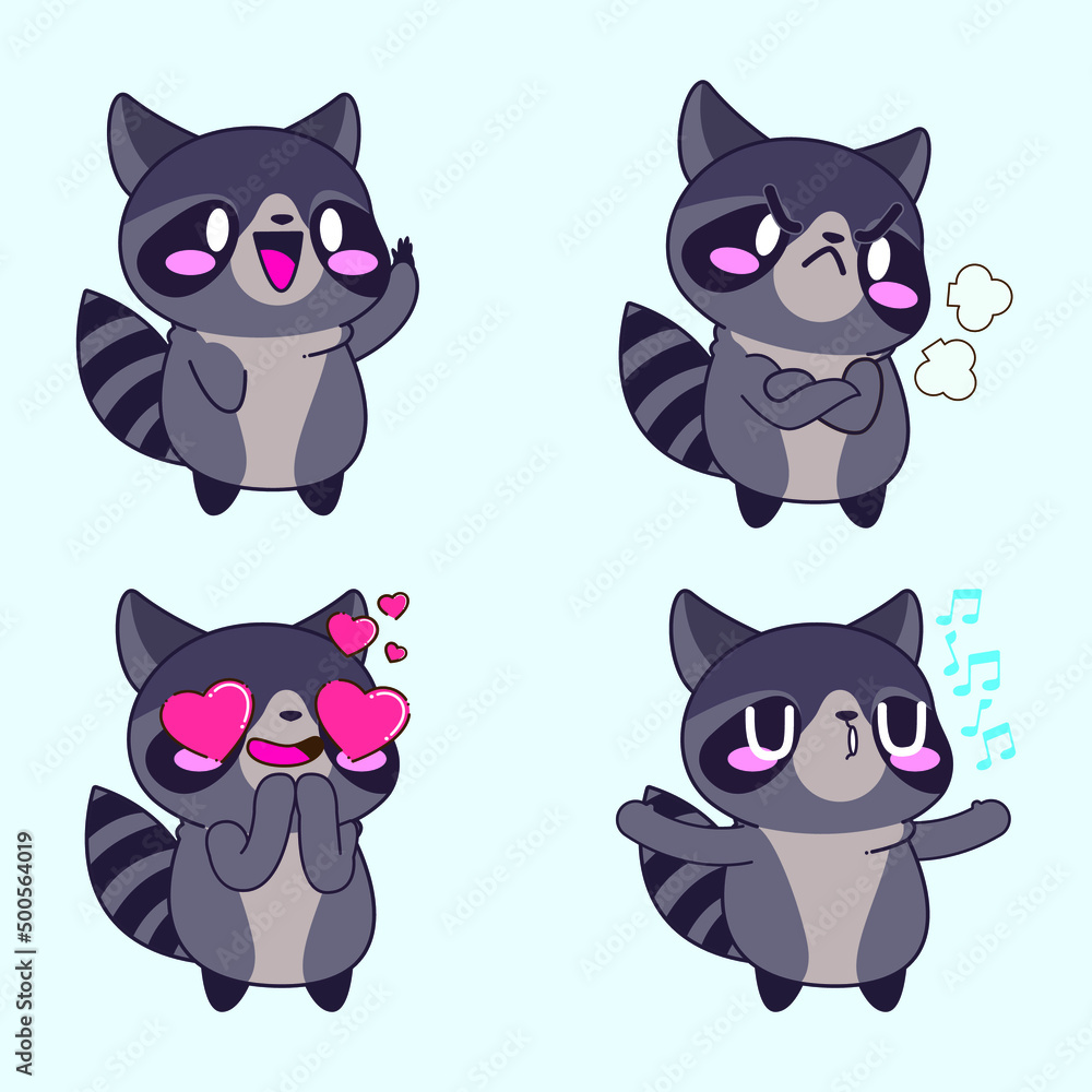 Fototapeta premium cute raccoon drawing, cute raccoon sticker vector set