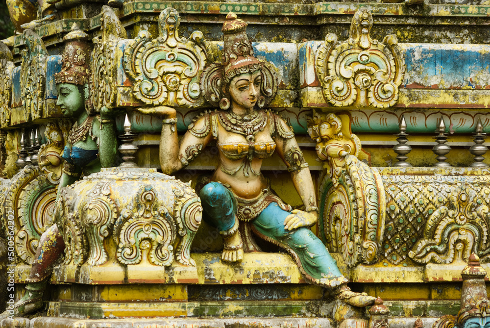 Old statues on the facade of Seetha Amman kovil hindu temple Stock
