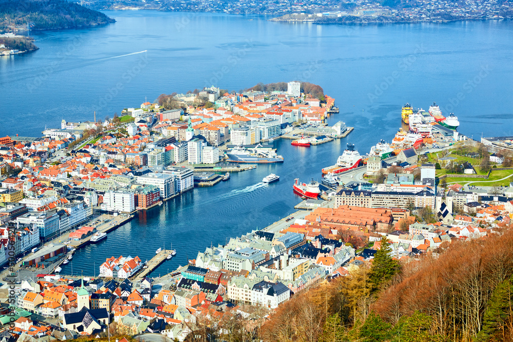 Fototapeta premium Bergen aerial panoramic view of Bryggen waterfront, Norway