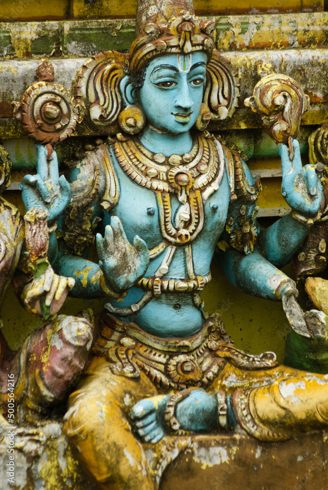 Old statue on the facade of Seetha Amman kovil hindu temple Old statue on the facade of Seetha Amman kovil hindu temple