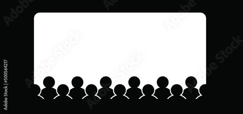 Cartoon stickman business or teacher represented by presentation. Stick figure man or businessman pointing at a board. Cinema audience. Training class, meeting presentation icon or pictogram. studends photo