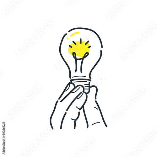 Vector icon of Hand holding light bulb doodle illustration concept hand drawn for business idea