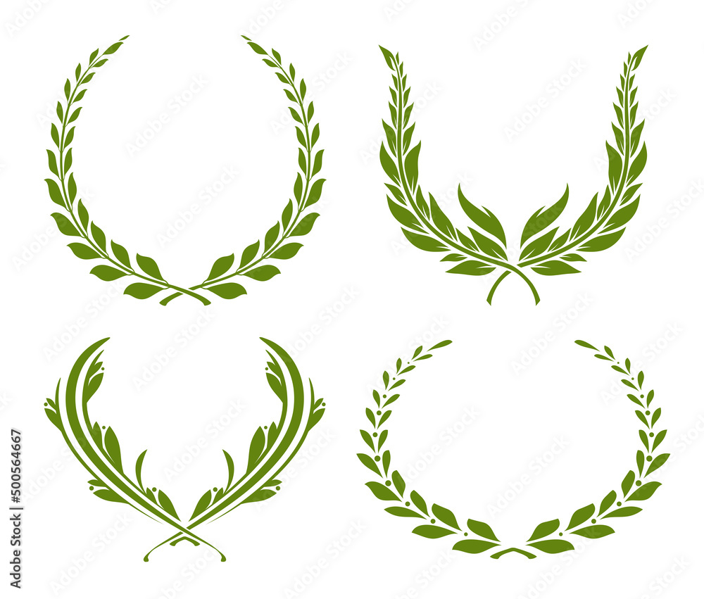 Set of four laurel wreaths. Collection of award or victory signs. Heraldry emblem. Olive green color. Vector illustration