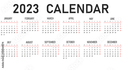 Horizontal vector design of 2022 and 2023 year calendars. 2022 and 2023 calendar on white background for organization and business. The week starts on Monday.