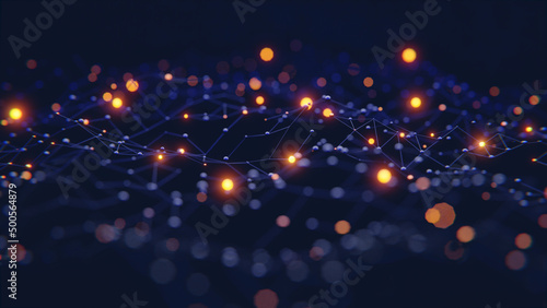 Blue network with bright orange dots and shallow depth of field