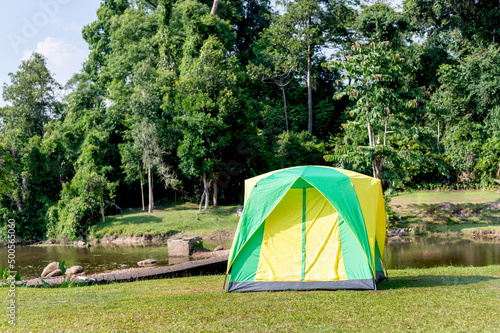 Tents Camping area  early morning. landscape. Natural area with big trees and green grass 