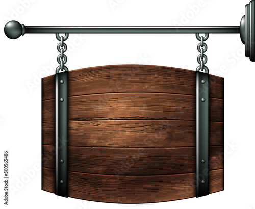 Sign design for a pub or wine bar in the form of a barrel on chains. High detailed realistic illustration.