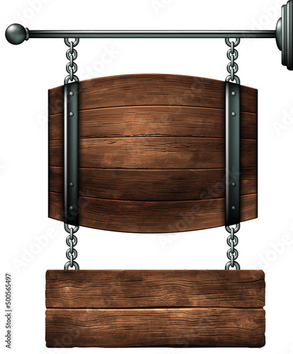 Sign design for a pub or wine bar in the form of a barrel on chains. High detailed realistic illustration.