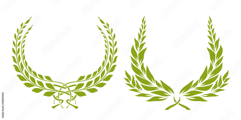 Set of laurel wreaths. Collection of award or victory signs. Heraldry emblem. Olive green color. Vector illustration Set of laurel wreaths. Collection of award or victory signs. Heraldry emblem. Olive green color. Vector illustration