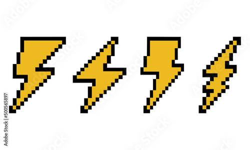 pixel lightning, set of yellow lightning in pixel style vector illustration eps10