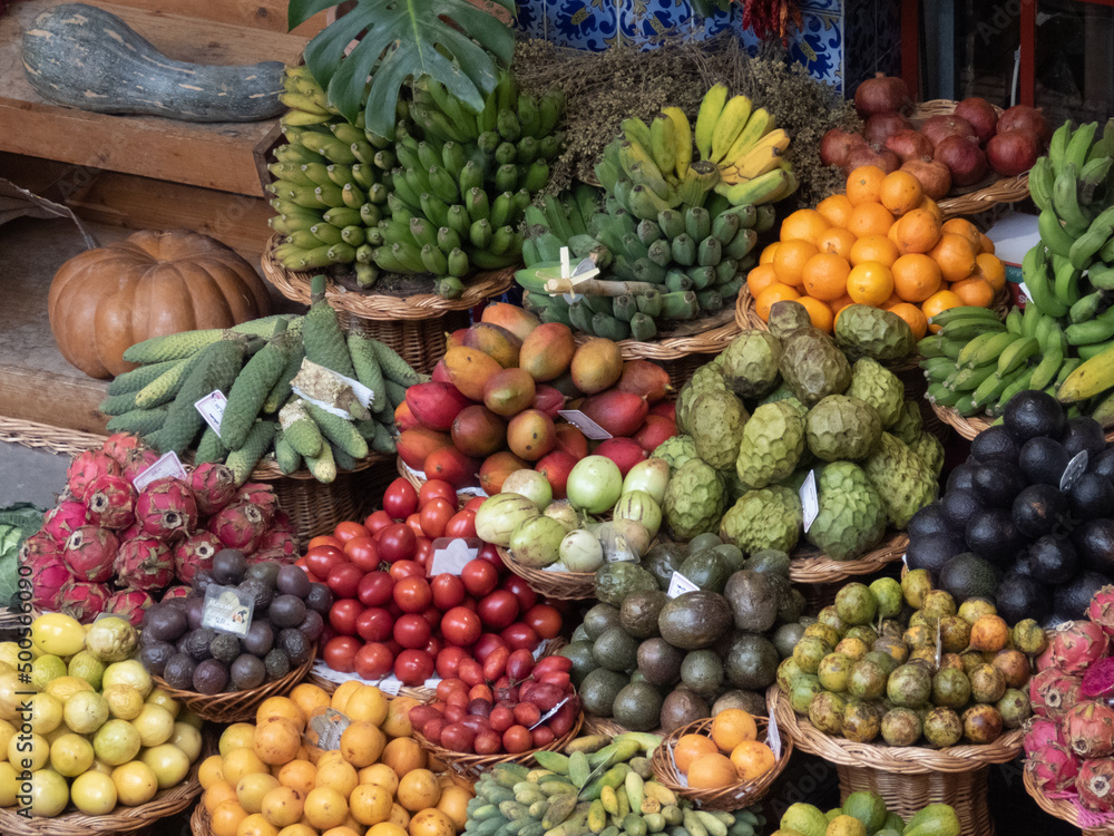 Fresh fruit and vegetables in a market in Funchal, Madeira Fresh fruit and vegetables in a market in Funchal, Madeira