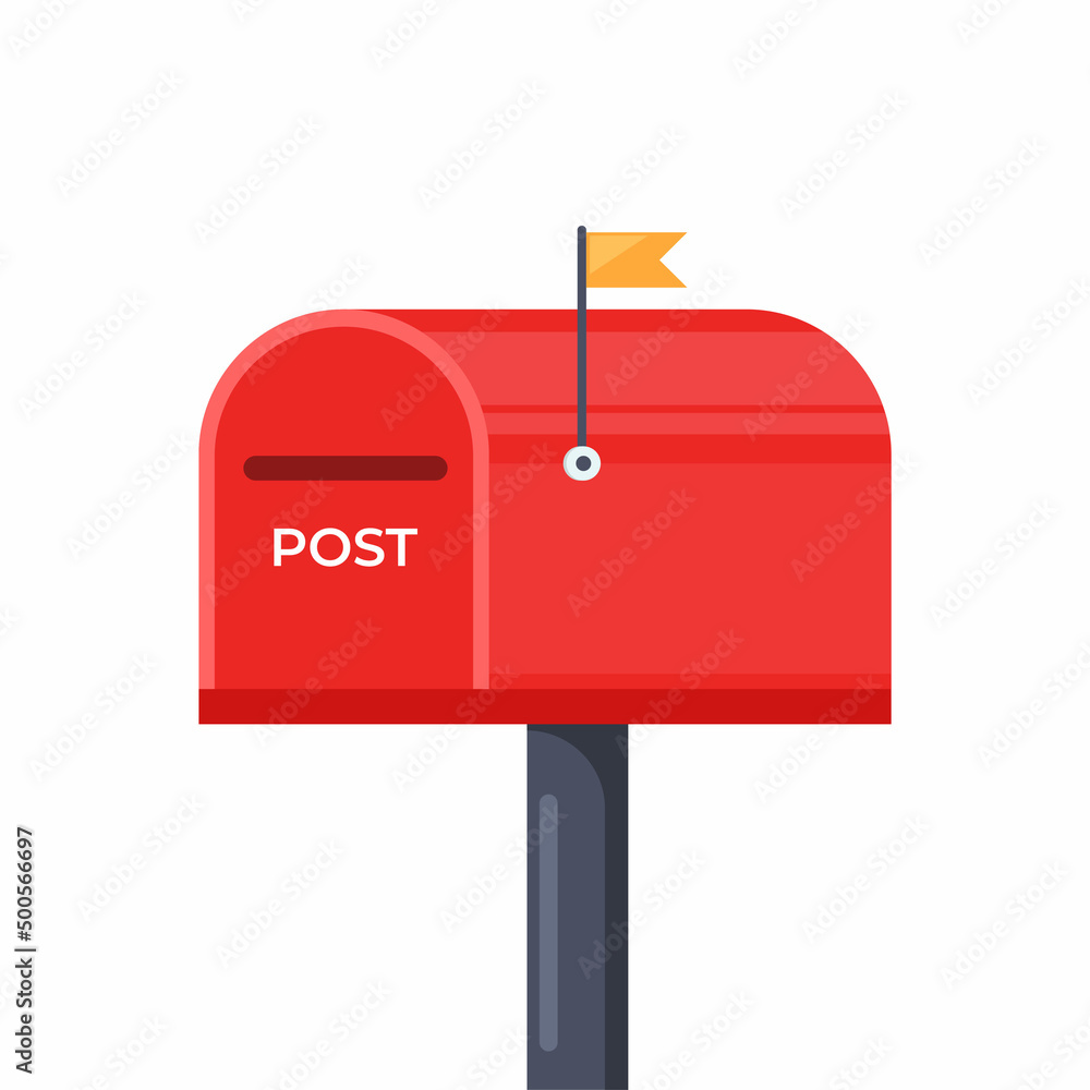 Mailbox with a closed door and raised flag. Red post box, isolated on white background. Vector illustration. Mailbox with a closed door and raised flag. Red post box, isolated on white background. Vector illustration.