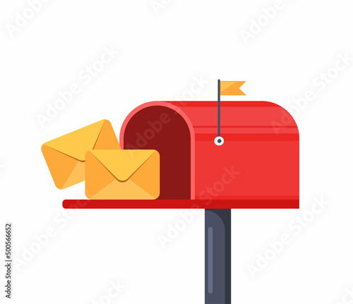 Mailbox with a raised flag, with an open door and letters inside. Red post box with envelope, isolated on white background. Vector illustration.