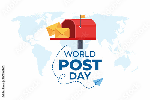World Post Day with Flying mail paper on the world with world map background. Red post box with envelope. Vector illustration.
