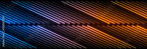 Blue and orange neon glowing laser lines futuristic background. Abstract vector design
