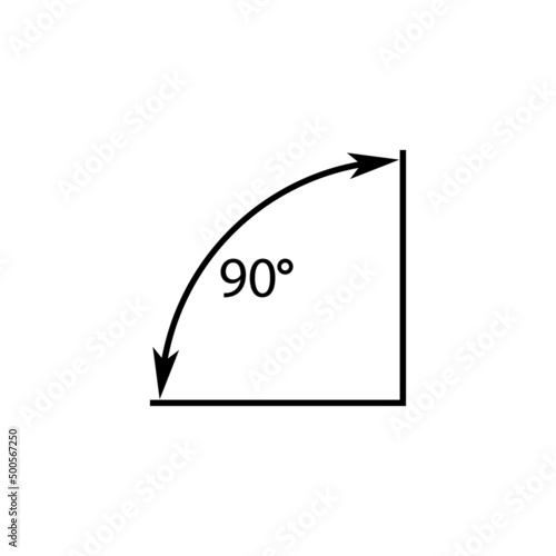 90 degrees angle vector icon. Right angle symbol with arrow. Isolated illustration on white background. 