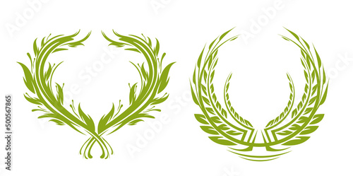 Set of laurel wreaths. Collection of award or victory signs. Heraldry emblem. Olive green color. Vector illustration