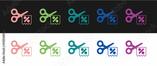 Set Scissors cuts discount coupon icon isolated on black and white background. The concept of selling in an online supermarket at low prices or half the cost. Vector