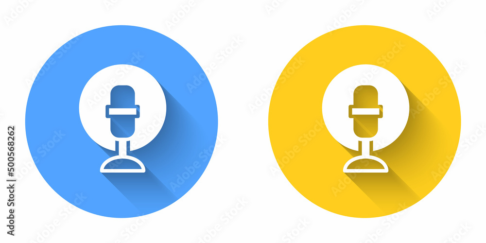 White Microphone icon isolated with long shadow background. On air radio mic microphone. Speaker sign. Circle button. Vector White Microphone icon isolated with long shadow background. On air radio mic microphone. Speaker sign. Circle button. Vector