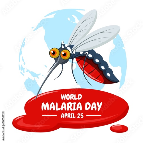 Vector illustration of a mosquito sucking blood, on a world map background, as a banner, poster or template, world malaria day or world dengue fever day.