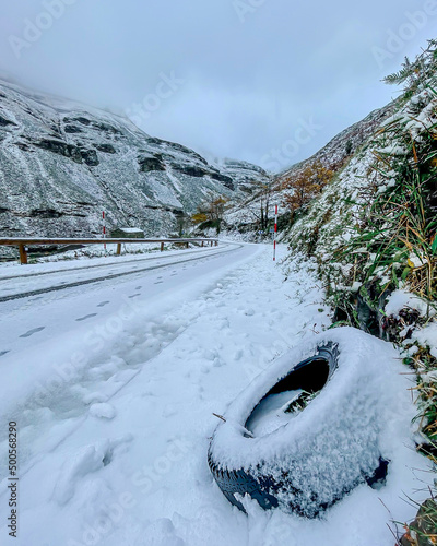 icy road with tire winter and snow