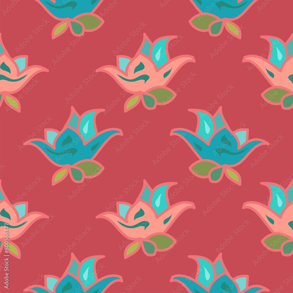 Pink and blue lily style flowers in a cute art style vector seamless repeat pattern on a rustic red background