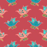 Pink and blue lily style flowers in a cute art style vector seamless repeat pattern on a rustic red background