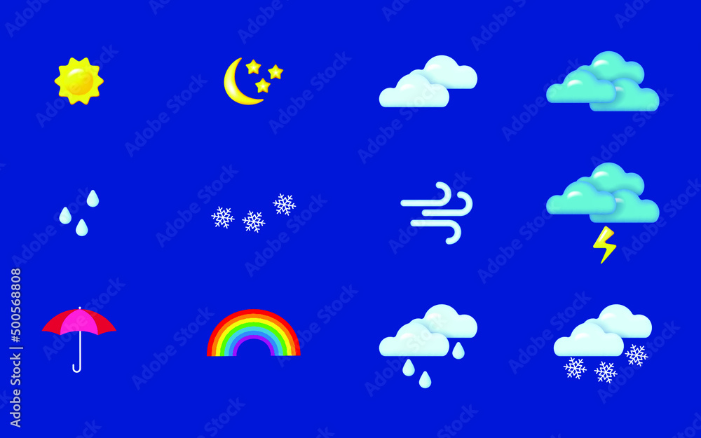 Obraz premium Weather icons set. Sun, crescent, clouds, rain, thunderstorm, wind, snowfall, umbrella, rainbow. Realistic 3d objects 