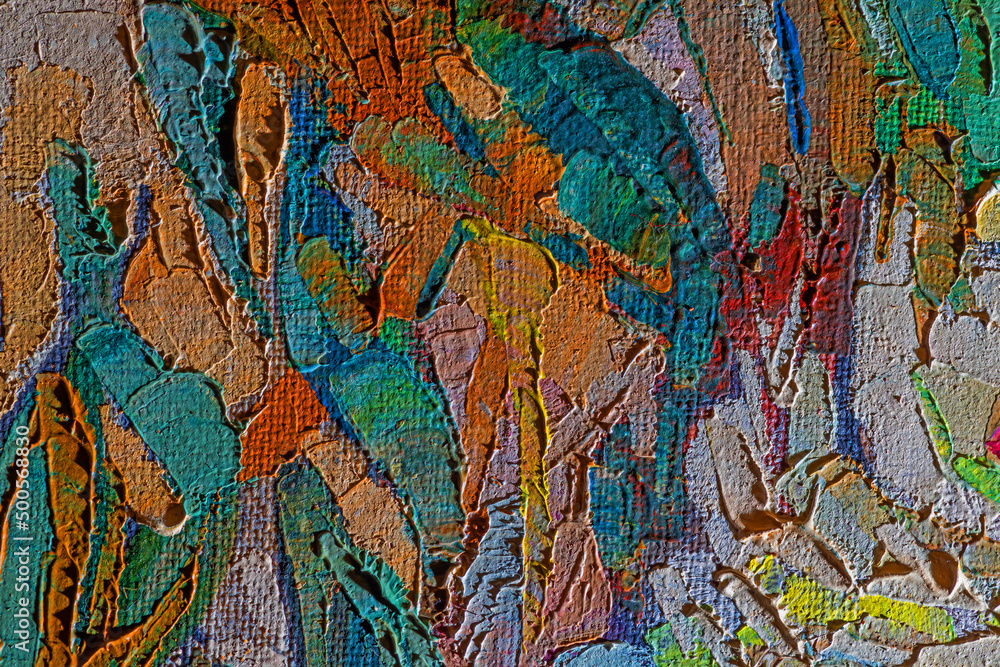 Abstract background closeup of a painting with brushstrokes. Rough art paint smear. Large multicolor spots of brush strokes and palette knife on the canvas