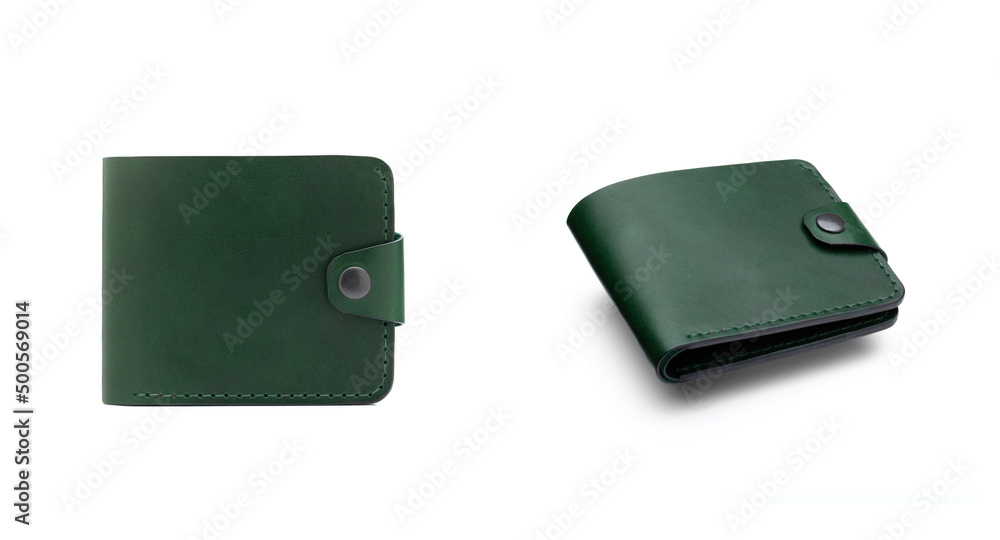 Set of Stylish leather green men wallet isolated on white background. Set of Stylish leather green men wallet isolated on white background.