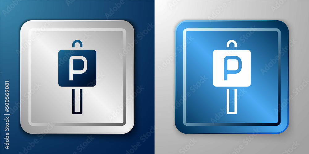 White Parking icon isolated on blue and grey background. Street road sign. Silver and blue square button. Vector White Parking icon isolated on blue and grey background. Street road sign. Silver and blue square button. Vector