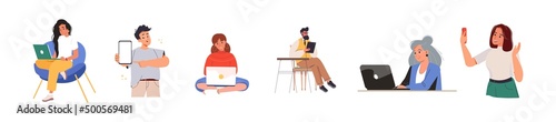 Set of people of different ages using gadgets. Man and woman are online with smartphone, laptop, tablet PC, mobile phone. Male and female Internet users. Flat vector illustration isolated on white