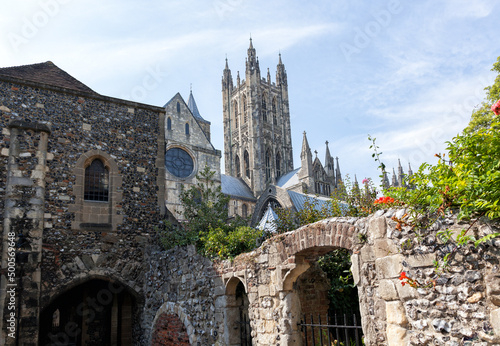 View of Canterbury cathedral tower from path leading to King's School. photo